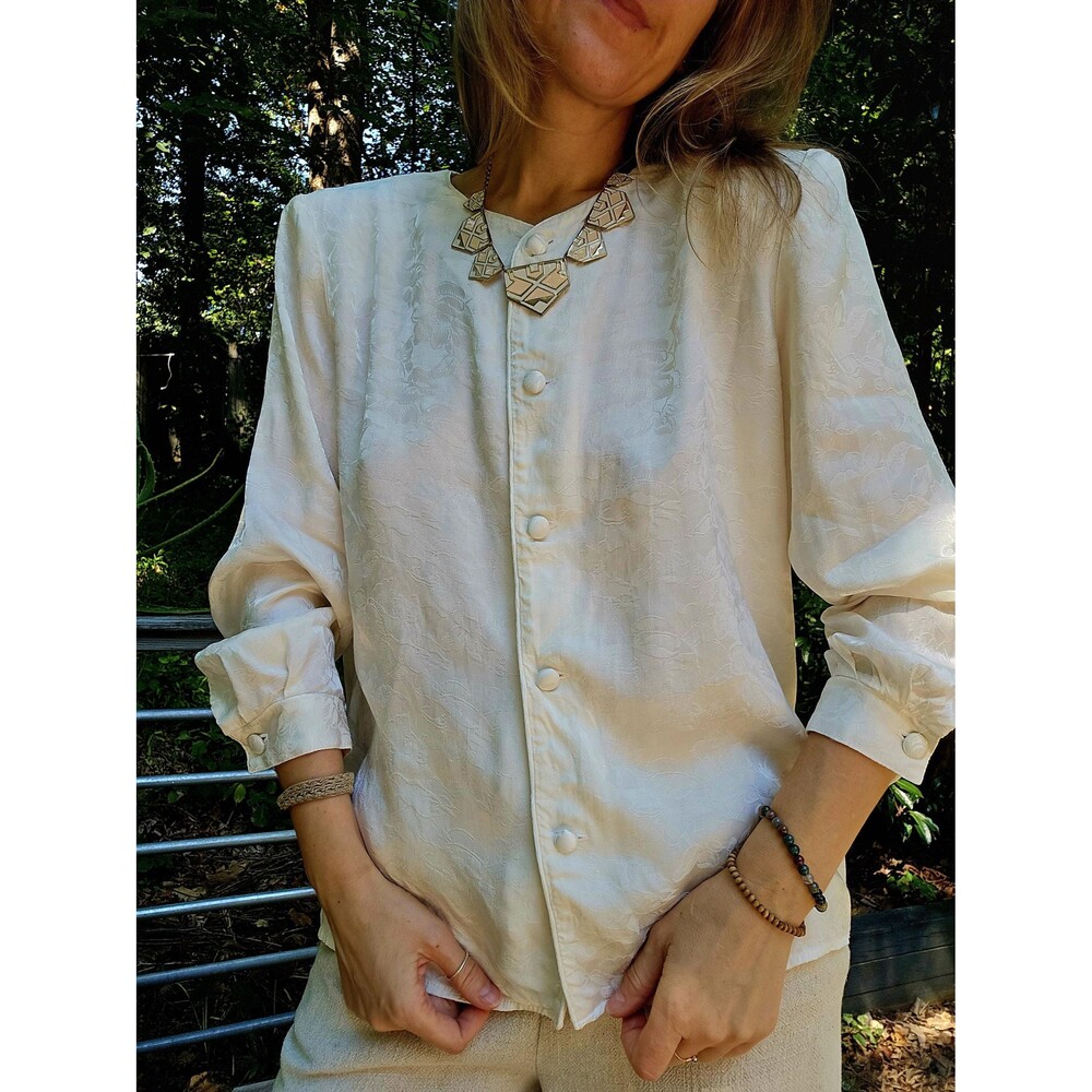 Vintage Ivory White Floral Jacquard Blouse - Made in USA 14 L Elegant Long sleev